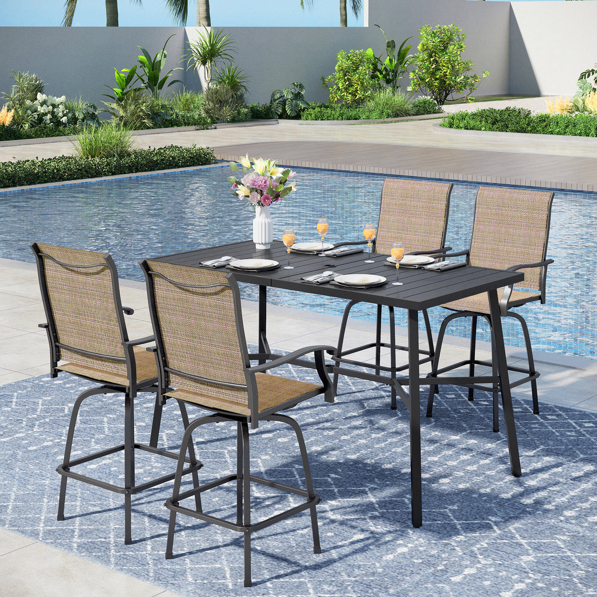 Captiva Designs 5pc Outdoor Patio Slatted Top Rectangle Metal Bar Table & Sling Swivel Bar Stools