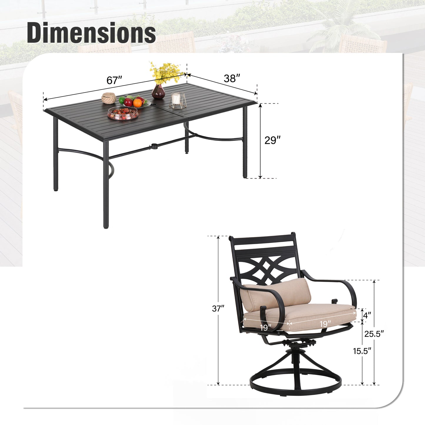 Captiva Designs 7pc Patio Slatted Top Steel Dining Table & Metal Chairs with Seat Cushions and Waist Pillows