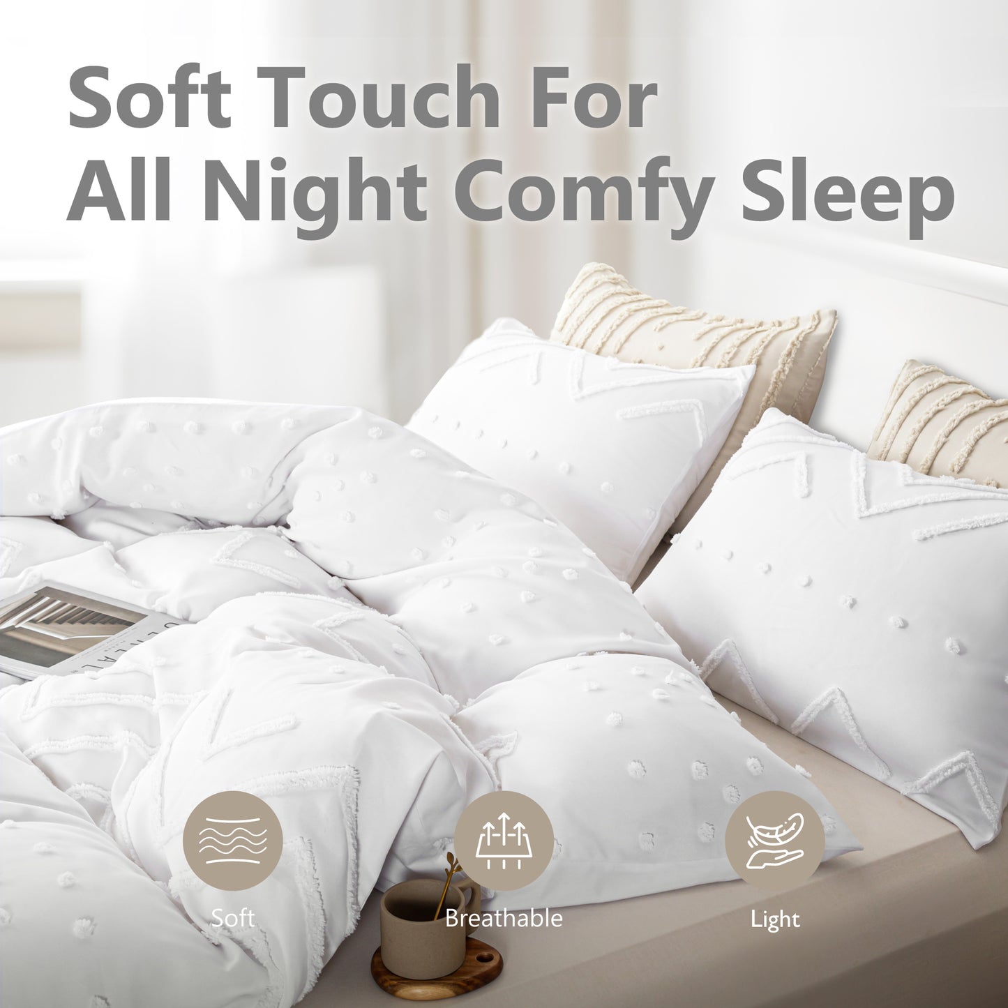 Captiva Designs Boho Duvet Cover Set, Tufted Microfiber Bedding Set with 2 Pillowcases, Geometric Embroidered Design