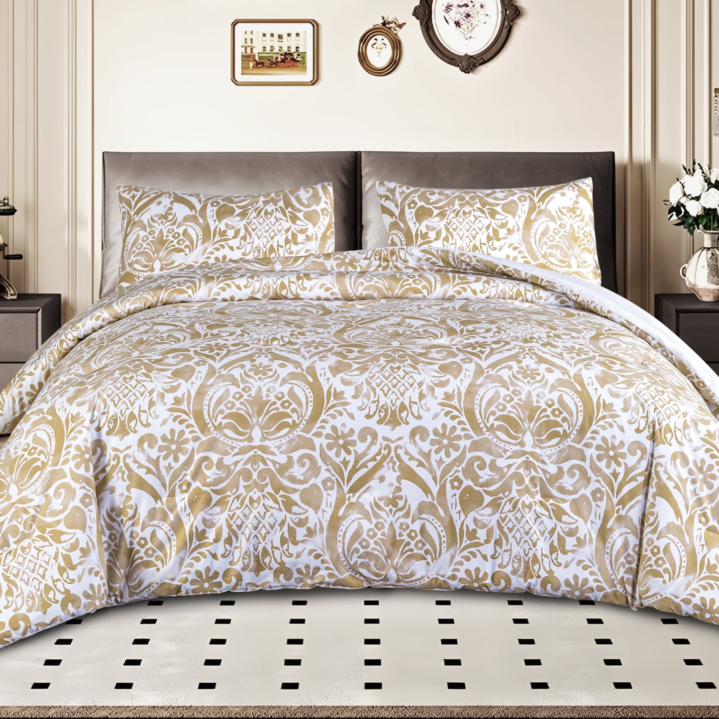 Captiva Designs 100% Cotton Damask Printed Comforter Set, Antique-Style Floral Bedding with Microfiber Fill, Soft, Lightweight and Breathable