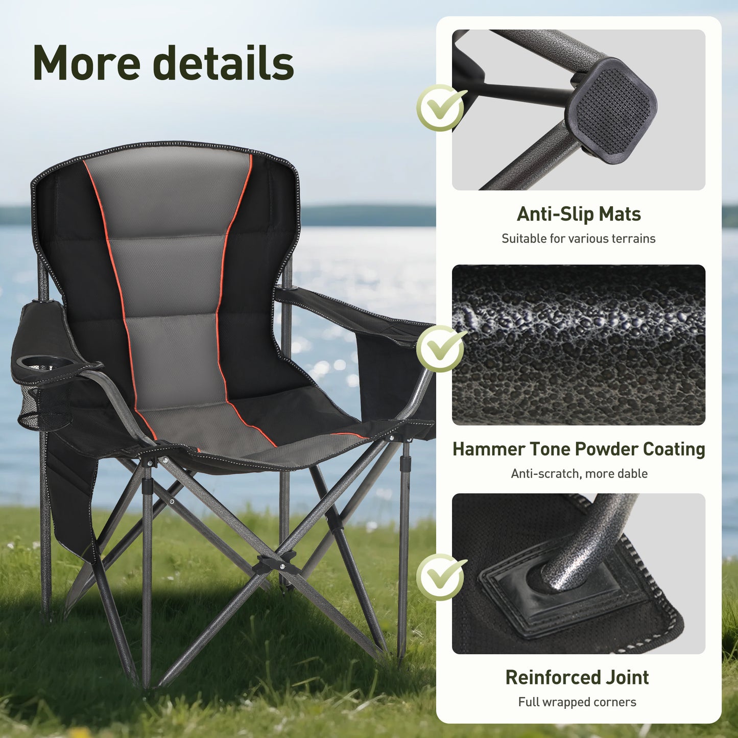 Captiva Designs Oversized Outdoor Folding Camping Chair with Steel Frame, Cup Holder & Storage, 450 lb Capacity