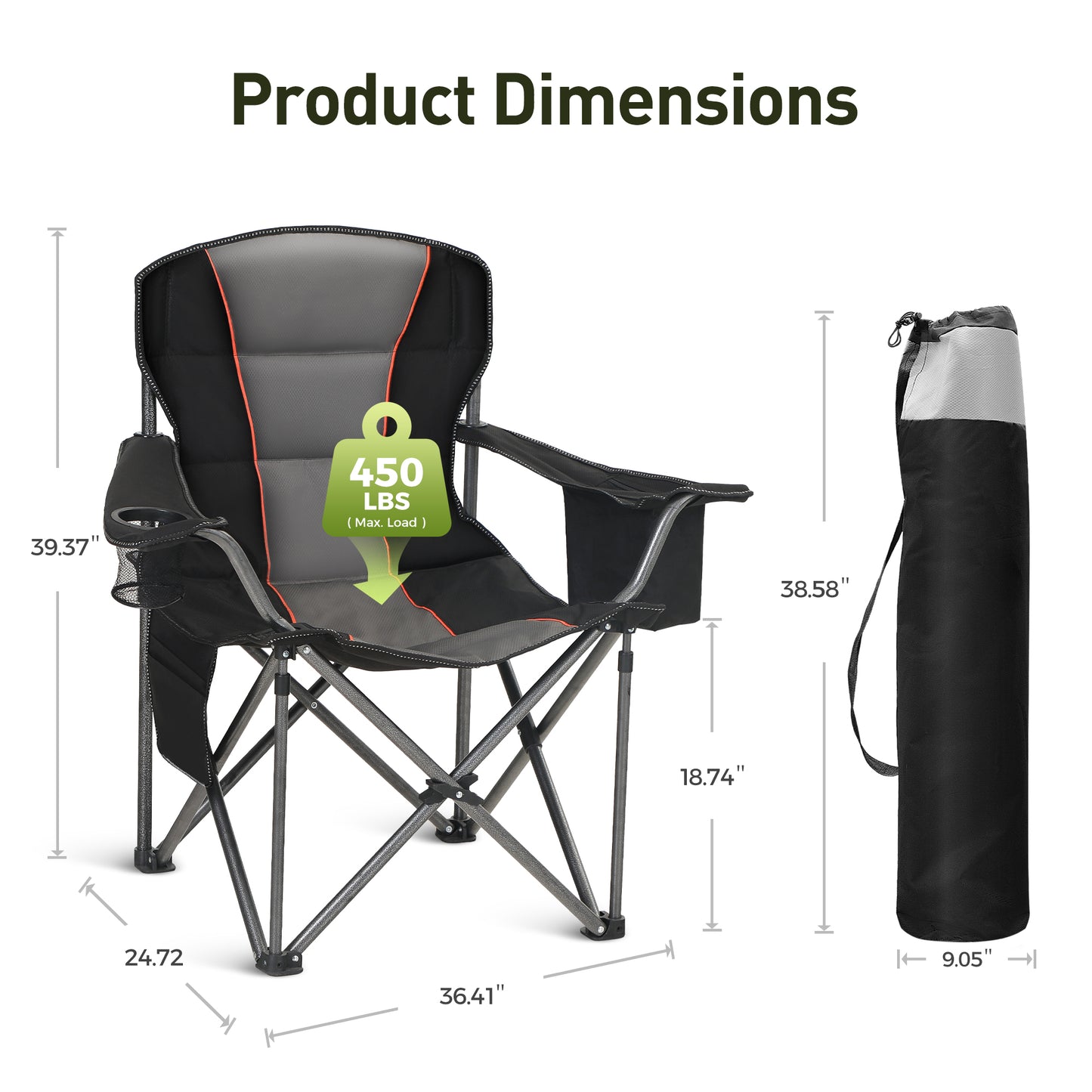 Captiva Designs Oversized Outdoor Folding Camping Chair with Steel Frame, Cup Holder & Storage, 450 lb Capacity