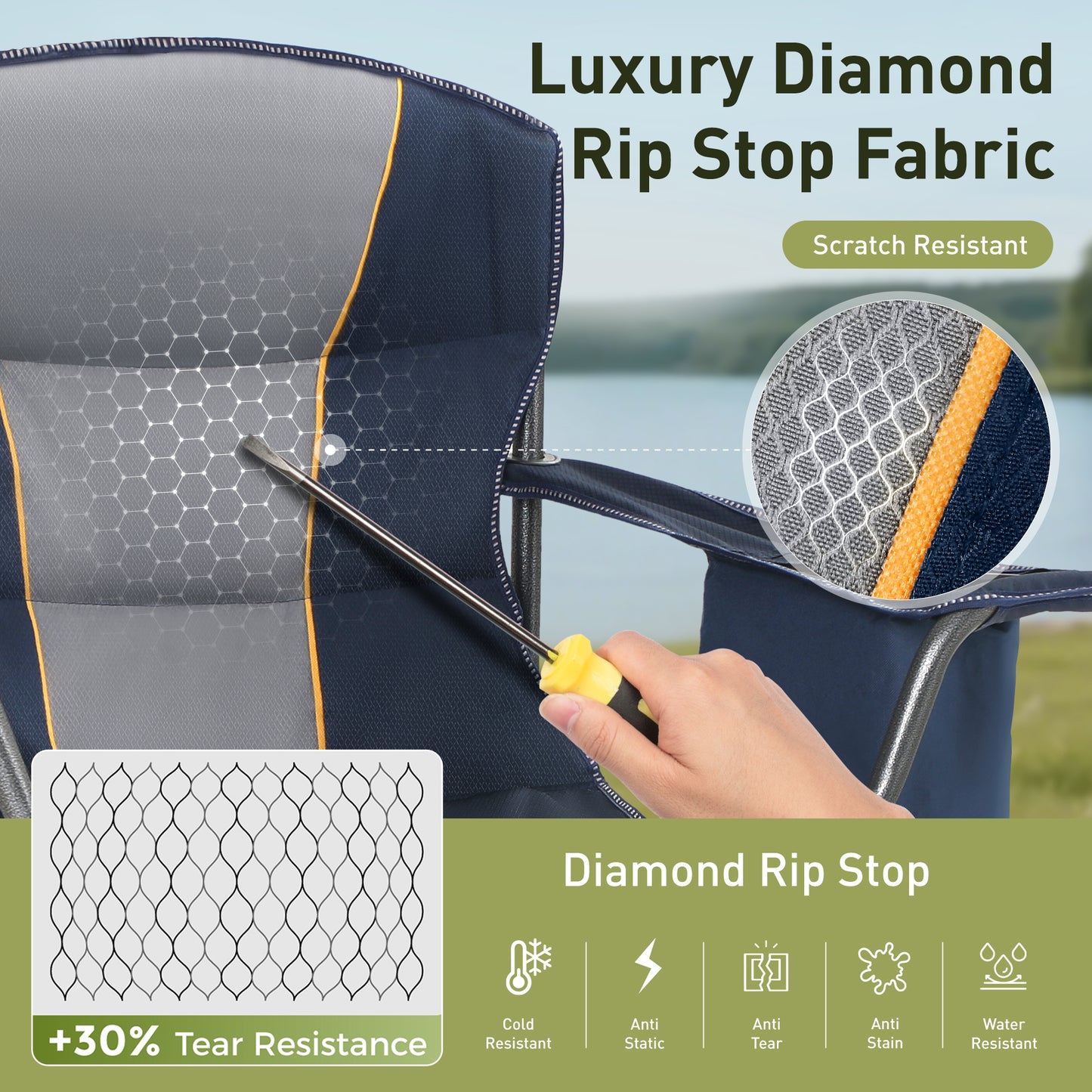 Captiva Designs Oversized Outdoor Folding Camping Chair with Steel Frame, Cup Holder & Storage, 450 lb Capacity