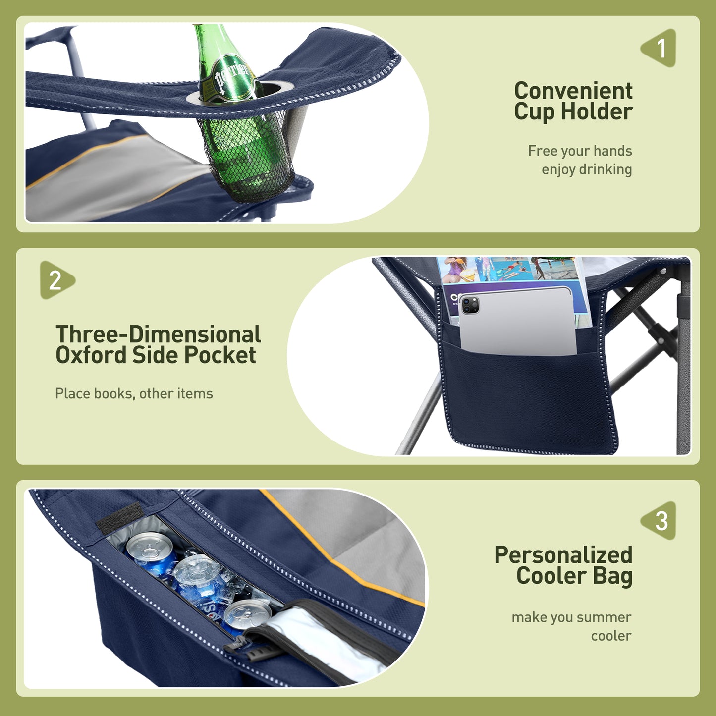 Captiva Designs Oversized Outdoor Folding Camping Chair with Steel Frame, Cup Holder & Storage, 450 lb Capacity
