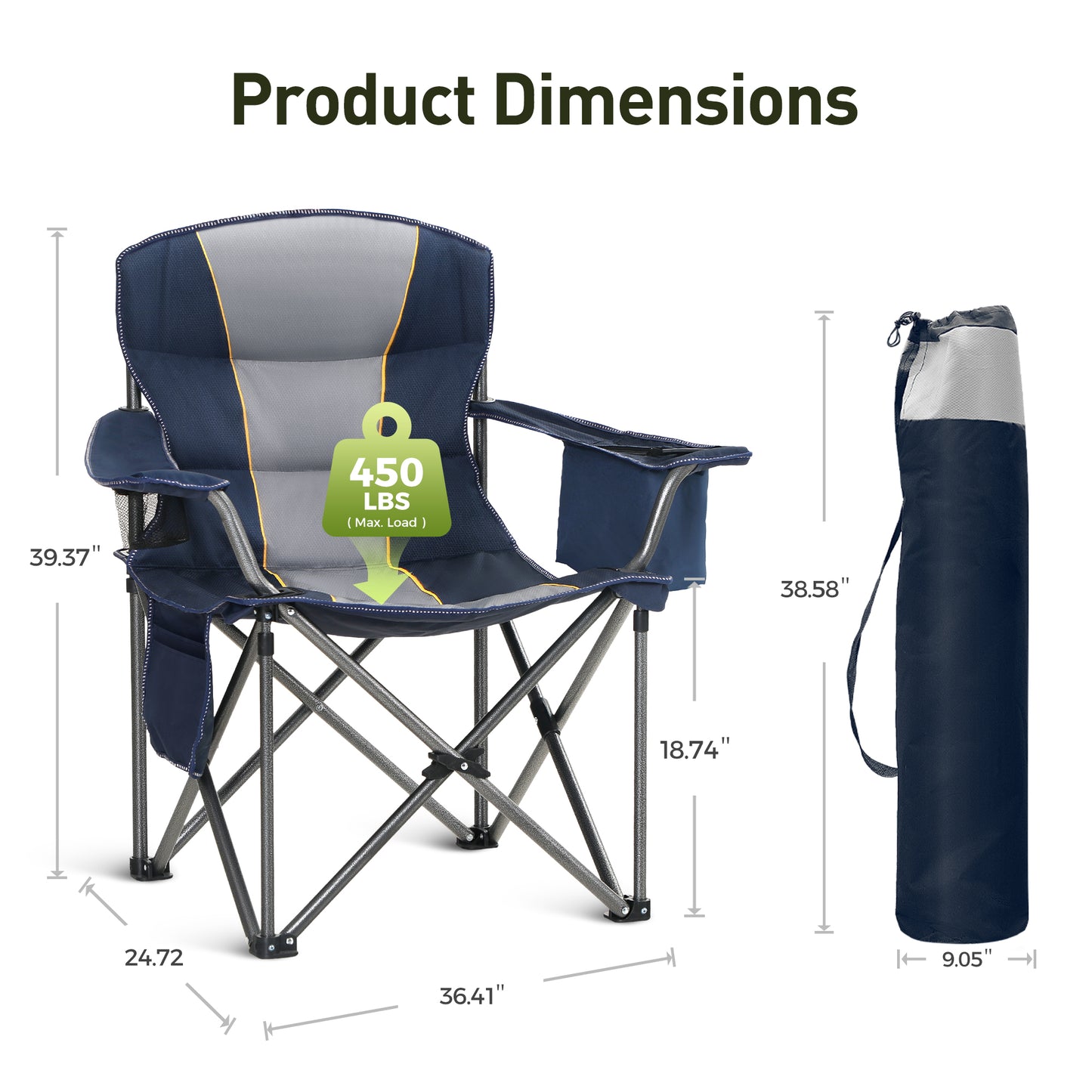 Captiva Designs Oversized Outdoor Folding Camping Chair with Steel Frame, Cup Holder & Storage, 450 lb Capacity