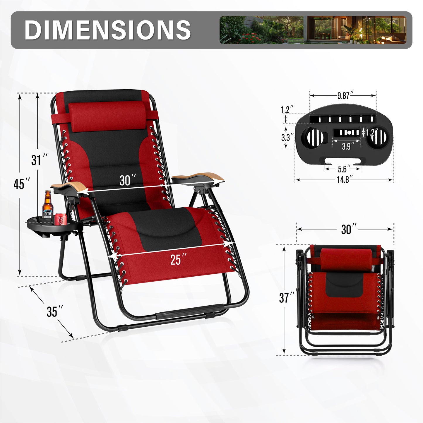 Captiva Designs Oversized XL Zero Gravity Chair Set of 2, Padded Folding Recliners with Cup Holder & Adjustable Back, Support 400 lbs