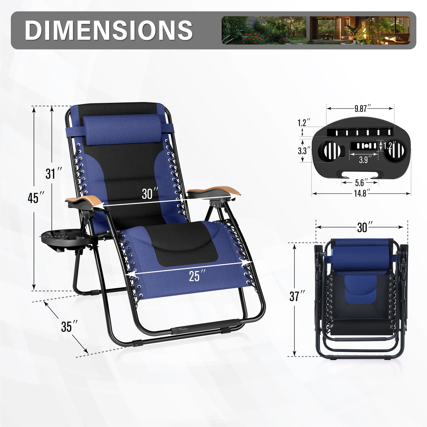 Captiva Designs Oversized XL Zero Gravity Chair Set of 2, Padded Folding Recliners with Cup Holder & Adjustable Back, Support 400 lbs