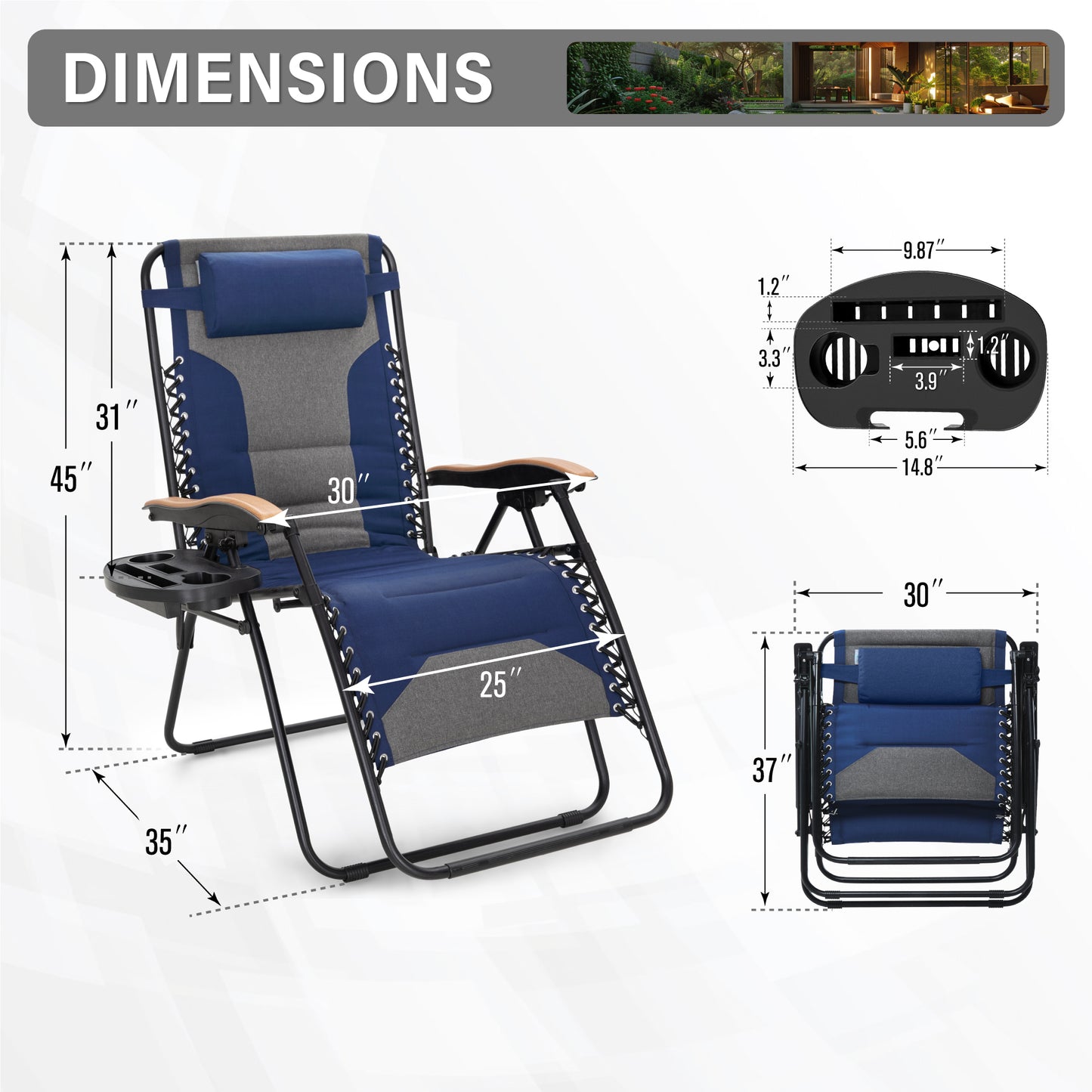 Captiva Designs Oversized XL Zero Gravity Chair Set of 2, Padded Folding Recliners with Cup Holder & Adjustable Back, Support 400 lbs