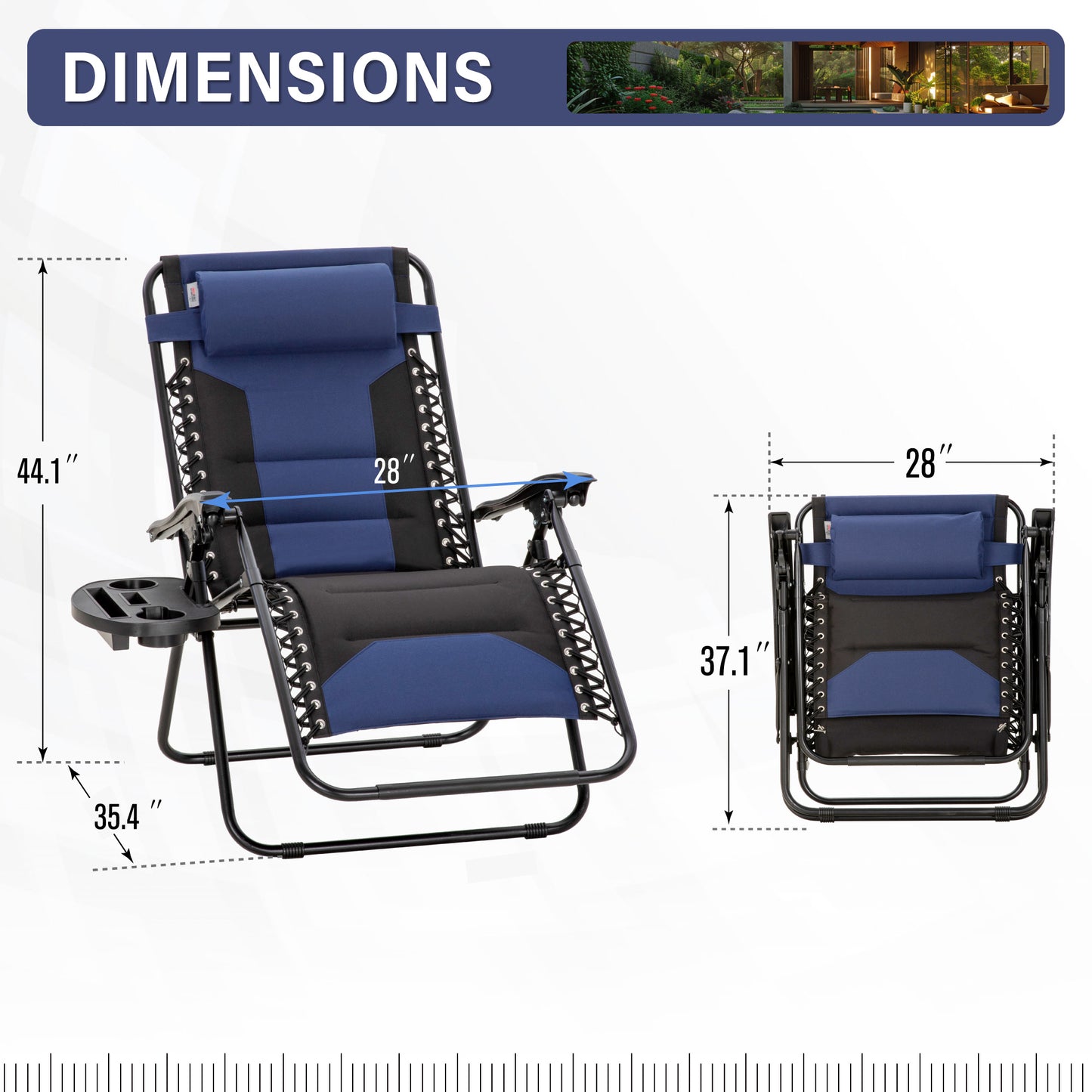 Captiva Designs XXL Zero Gravity Chair Set of 2, 28" Wide Padded Recliners with Cup Holder, Foldable Outdoor Lounge Chairs