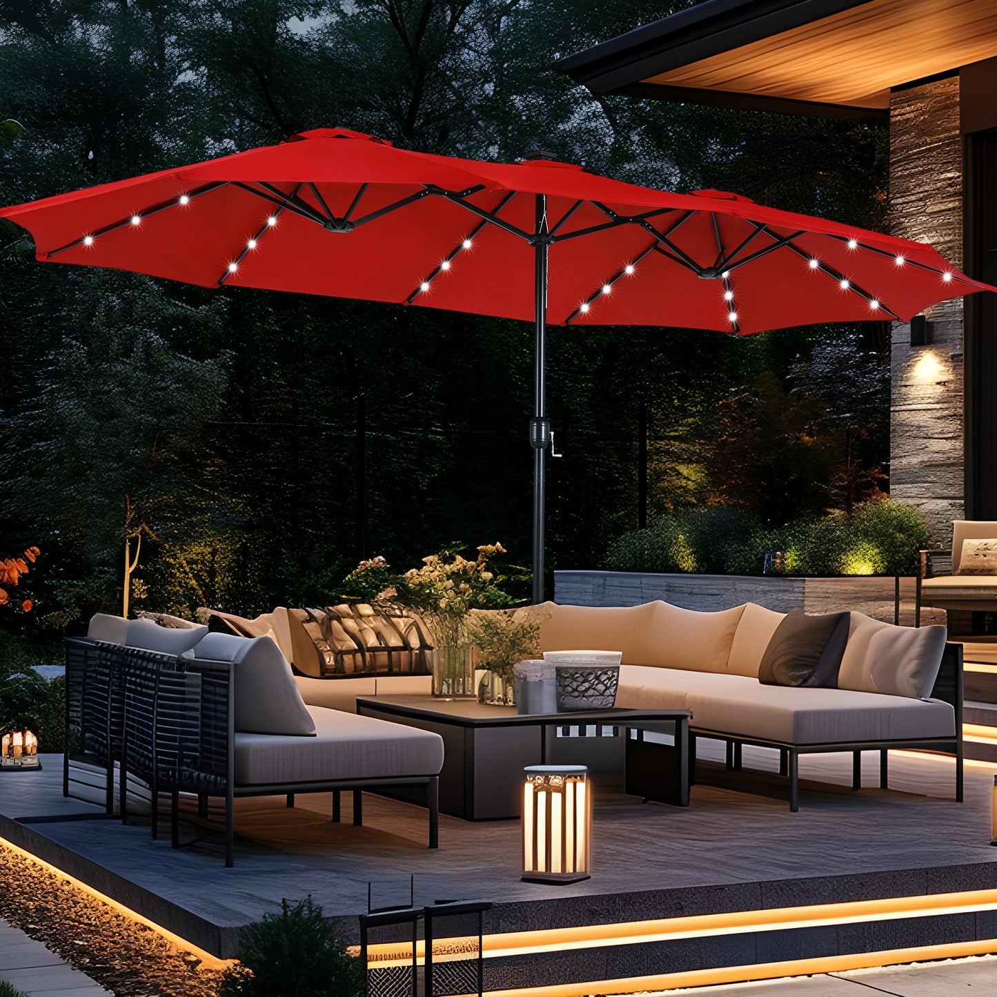 Captiva Designs  15' x 9' Rectangular Lit Outdoor Patio Market Umbrella with Extra Large Base and Sand Bags