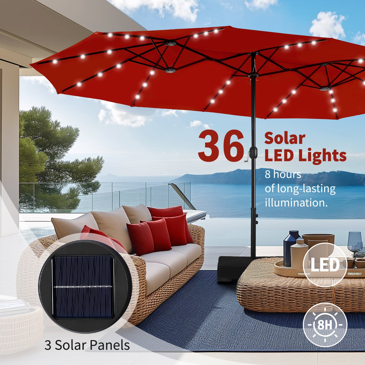 Captiva Designs  15' x 9' Rectangular Lit Outdoor Patio Market Umbrella with Extra Large Base and Sand Bags