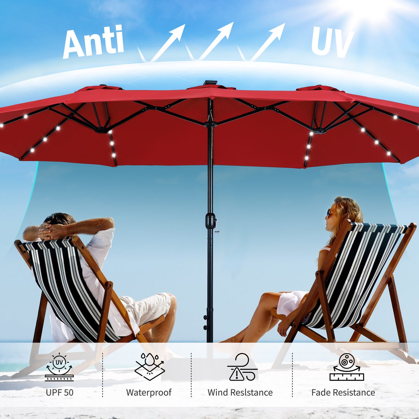 Captiva Designs  15' x 9' Rectangular Lit Outdoor Patio Market Umbrella with Extra Large Base and Sand Bags