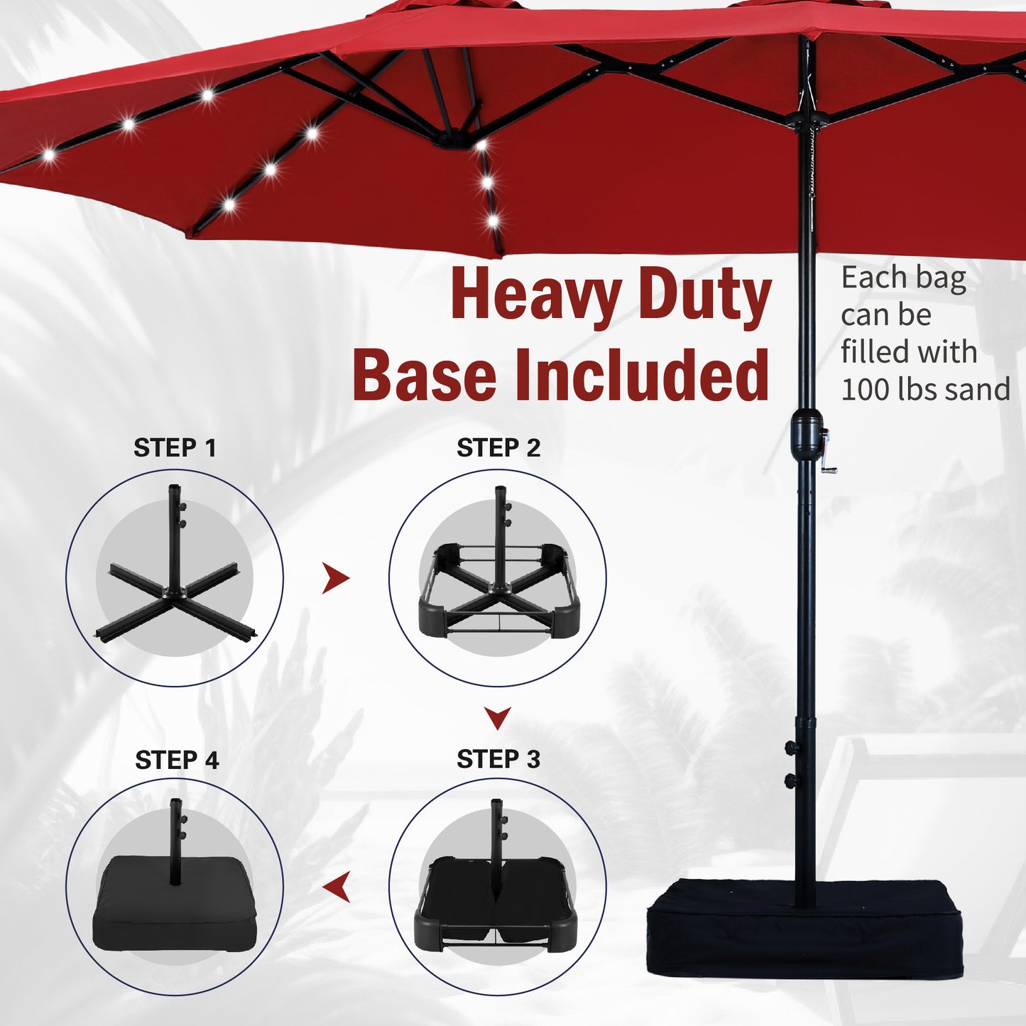 Captiva Designs  15' x 9' Rectangular Lit Outdoor Patio Market Umbrella with Extra Large Base and Sand Bags