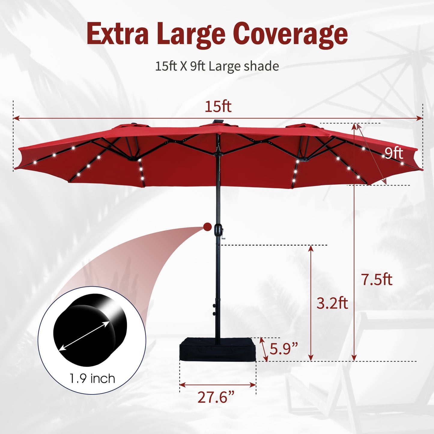 Captiva Designs  15' x 9' Rectangular Lit Outdoor Patio Market Umbrella with Extra Large Base and Sand Bags