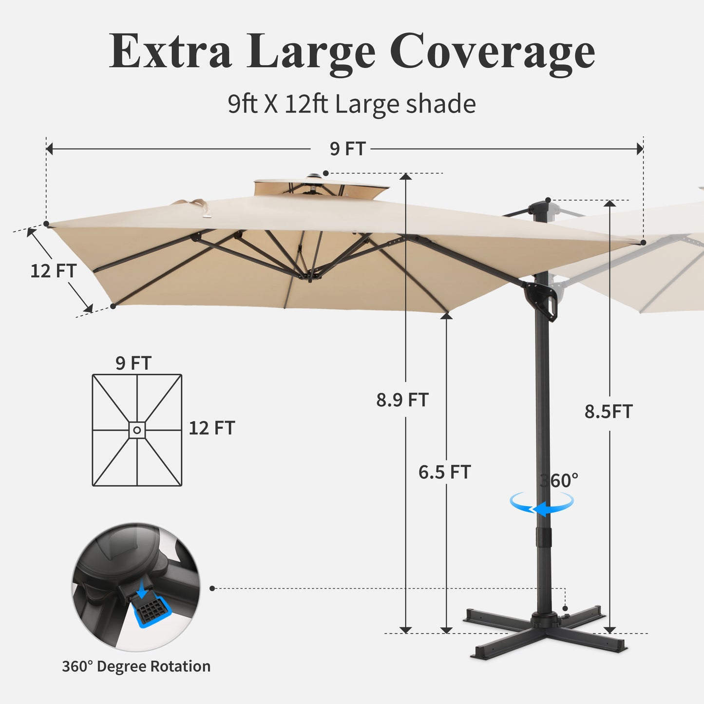 Captiva Designs 9 ft x 12 ft Premium Cantilever Patio Umbrella with 2-Tier Design