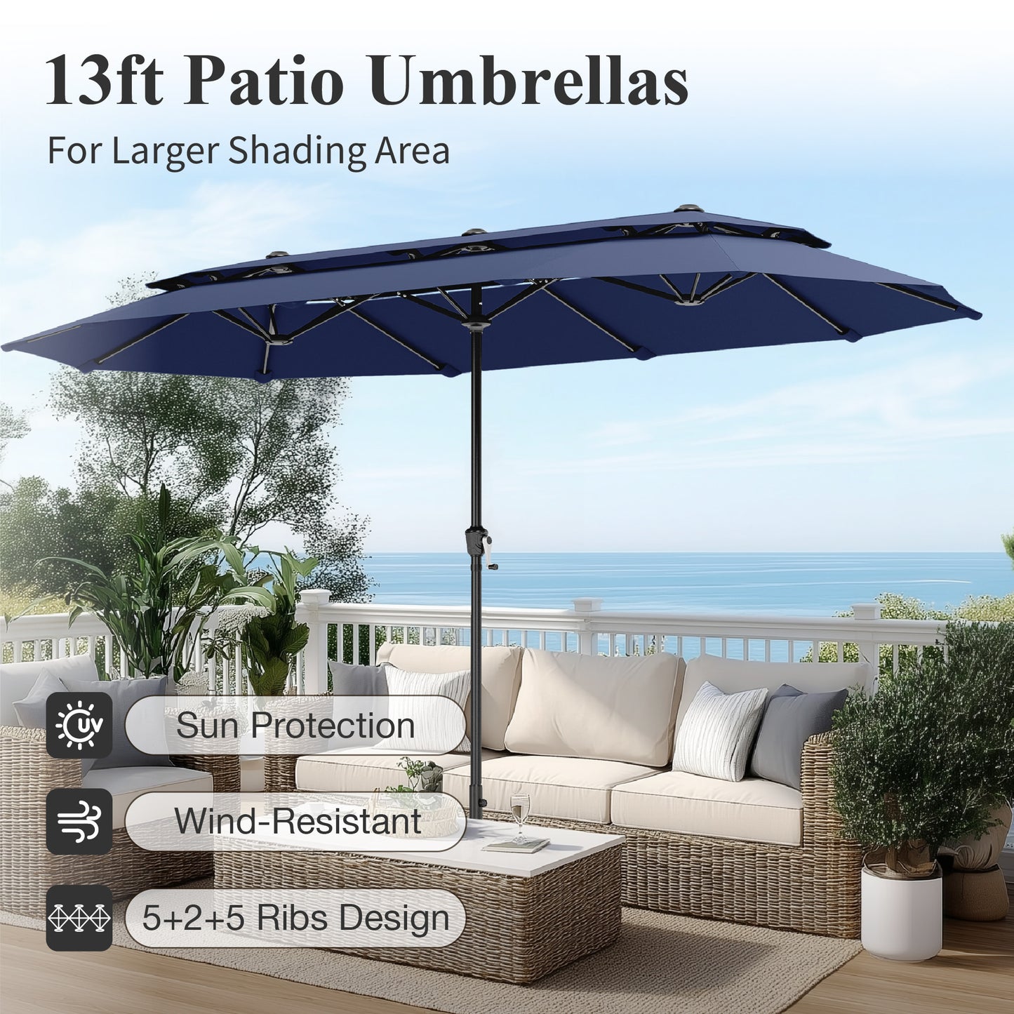 Captiva Designs 13ft 2-Tier Double-Sided Rectangular Patio Umbrella with Base, Fade-Resistant Polyester, Crank Lift, Outdoor Market Umbrella