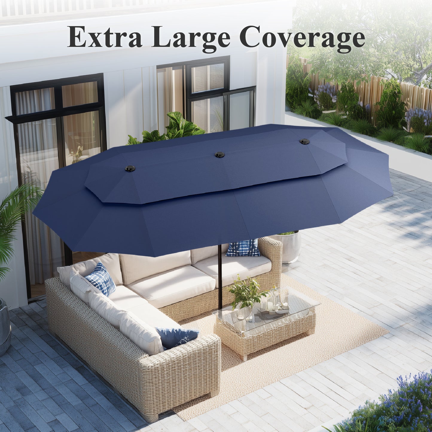 Captiva Designs 13ft 2-Tier Double-Sided Rectangular Patio Umbrella with Base, Fade-Resistant Polyester, Crank Lift, Outdoor Market Umbrella