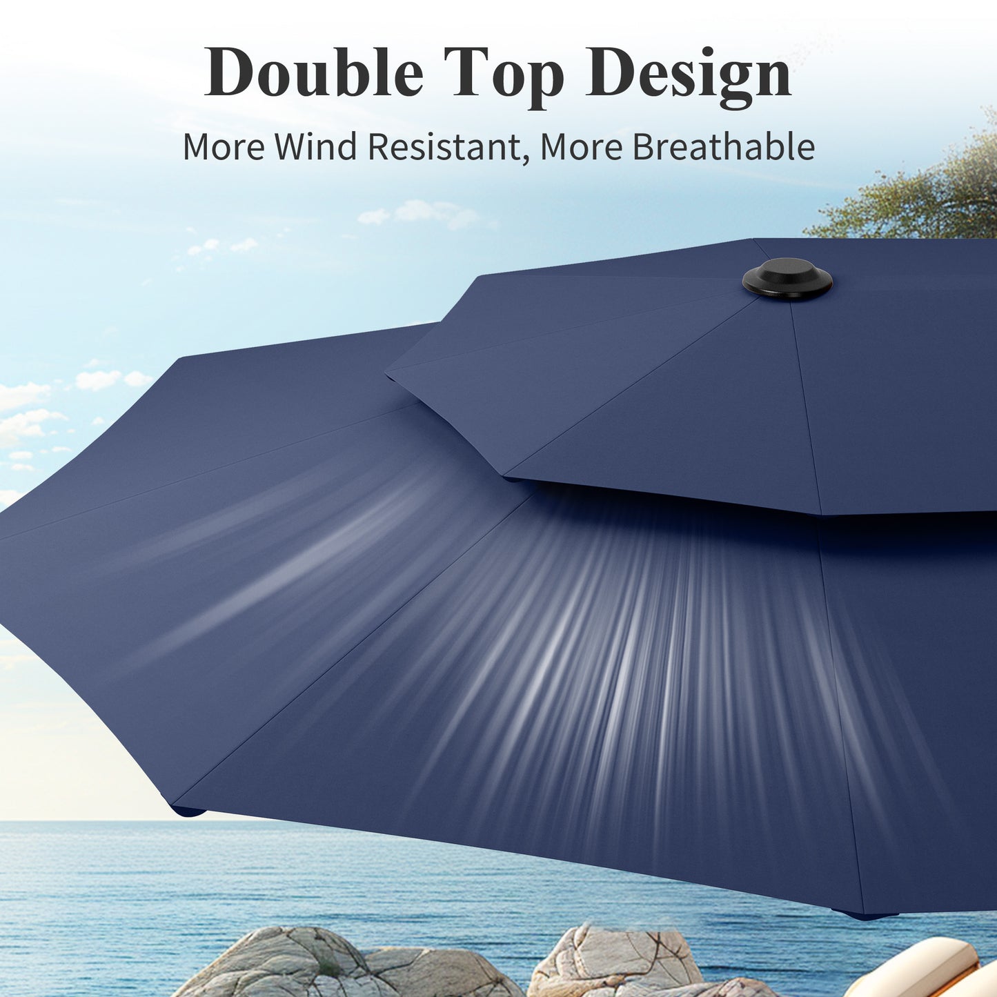 Captiva Designs 13ft 2-Tier Double-Sided Rectangular Patio Umbrella with Base, Fade-Resistant Polyester, Crank Lift, Outdoor Market Umbrella