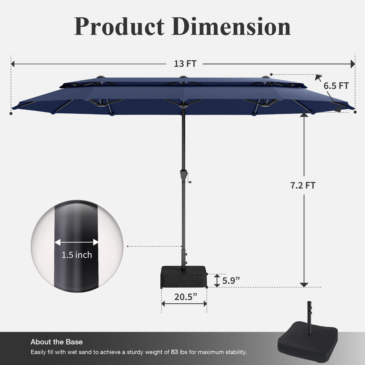 Captiva Designs 13ft 2-Tier Double-Sided Rectangular Patio Umbrella with Base, Fade-Resistant Polyester, Crank Lift, Outdoor Market Umbrella