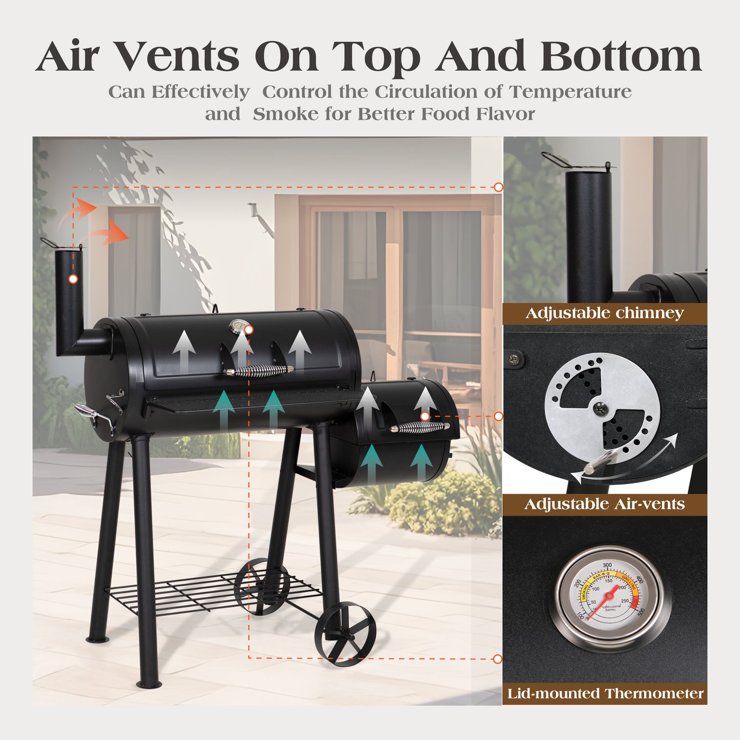 Captiva Designs 带偏置烟熏器的木炭烤架 - 全金属钢结构，512 平方英寸。户外烹饪烹饪区