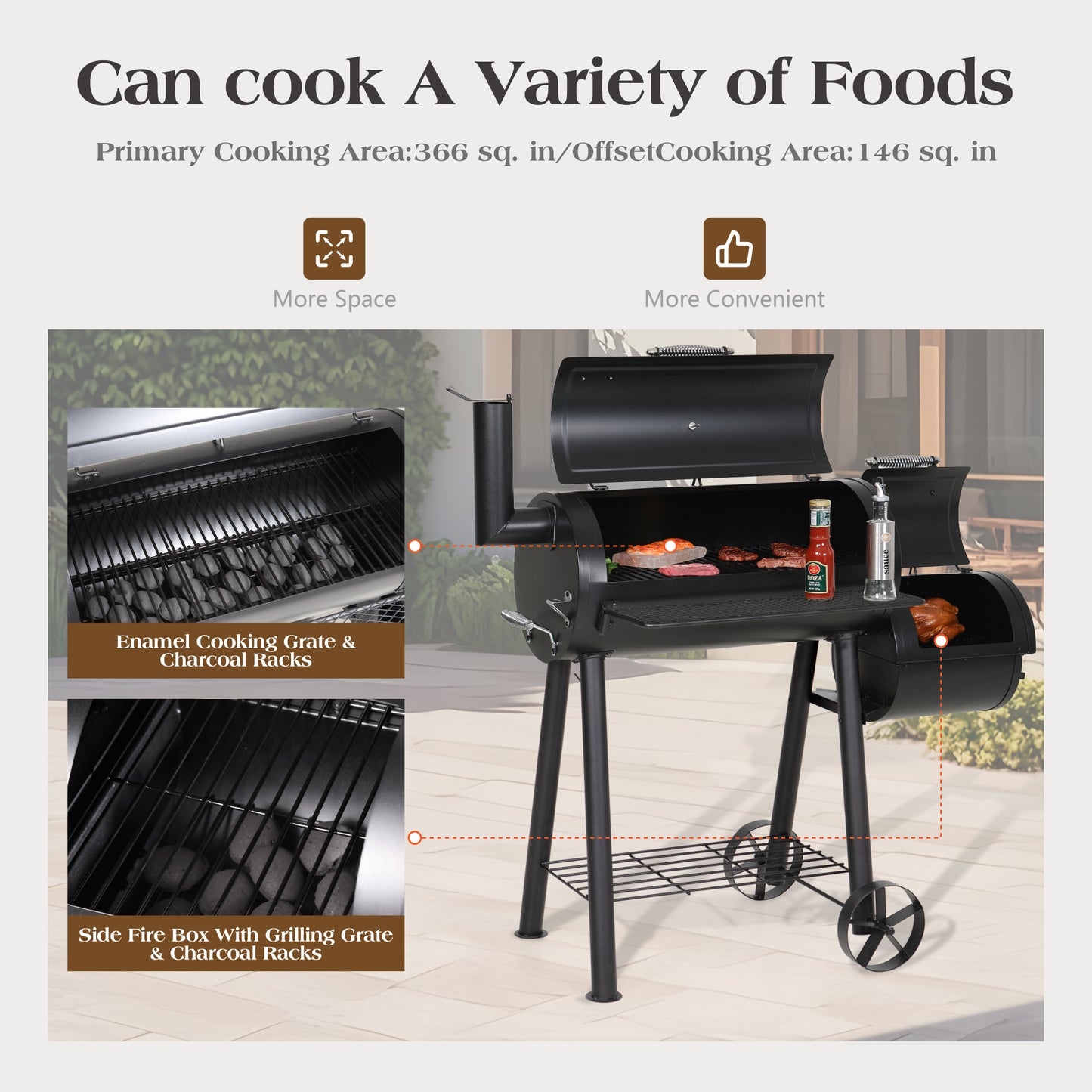 Captiva Designs 带偏置烟熏器的木炭烤架 - 全金属钢结构，512 平方英寸。户外烹饪烹饪区