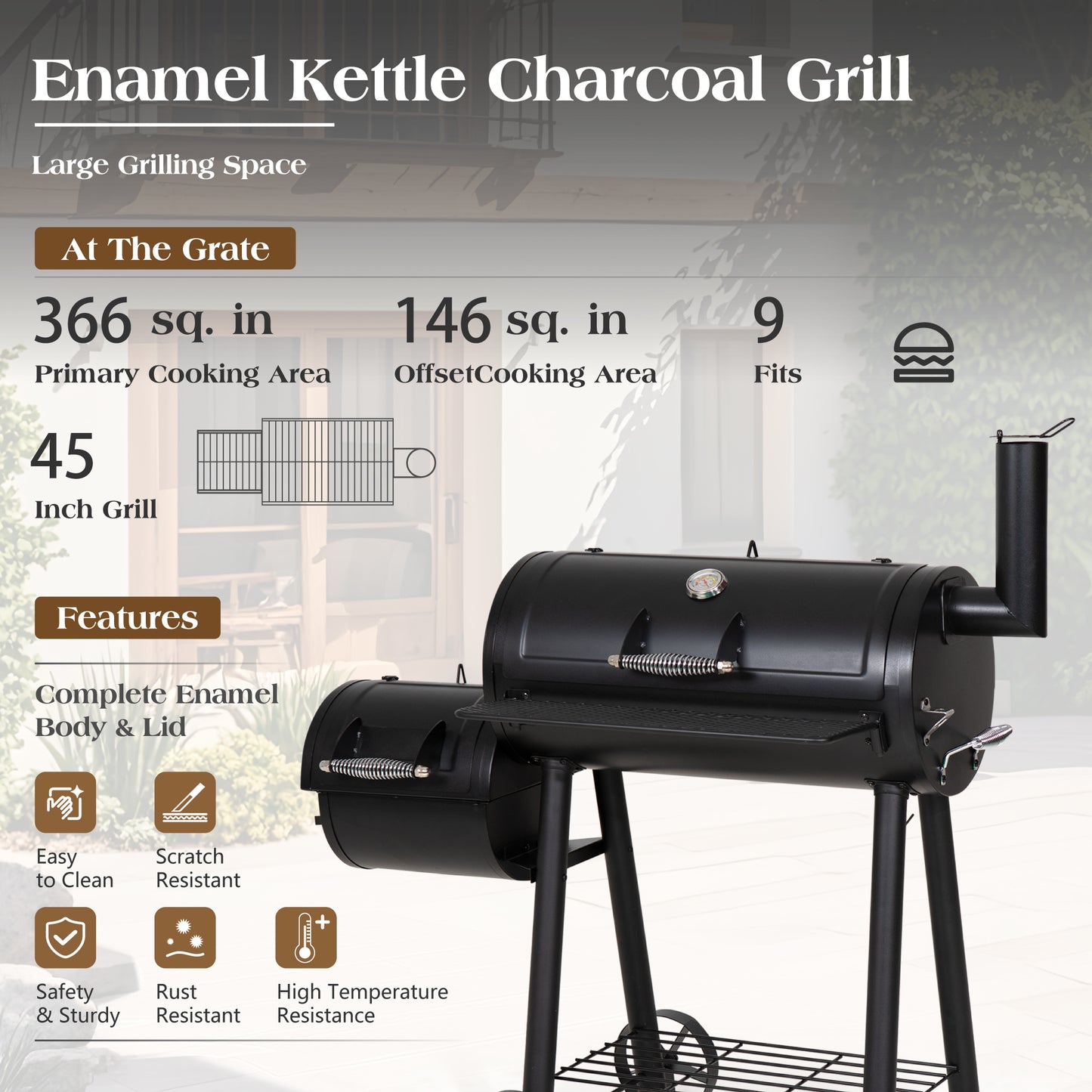 Captiva Designs 带偏置烟熏器的木炭烤架 - 全金属钢结构，512 平方英寸。户外烹饪烹饪区