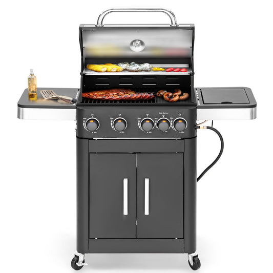 Captiva Designs 4-Burner Propane BBQ Grill with Side Burner & Porcelain-Enameled Cast Iron Grates - 46,700 BTU