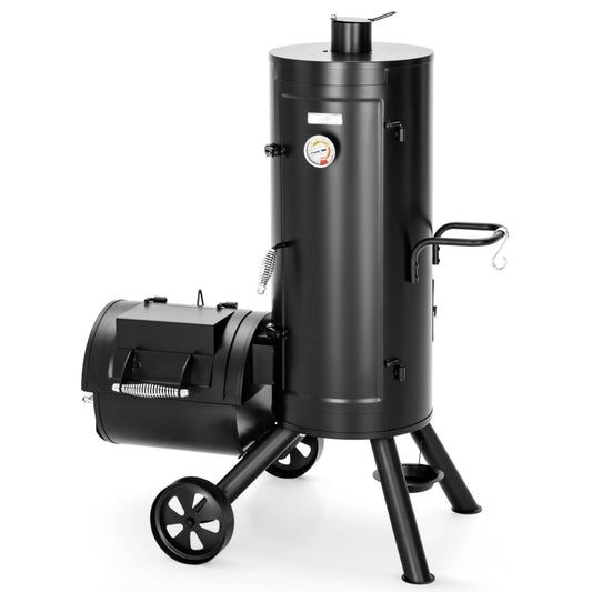 Captiva Designs Charcoal Vertical Smoker and Offset Grill Combo – Extra Large Outdoor BBQ with 5 Removable Grates & Meat Hooks.