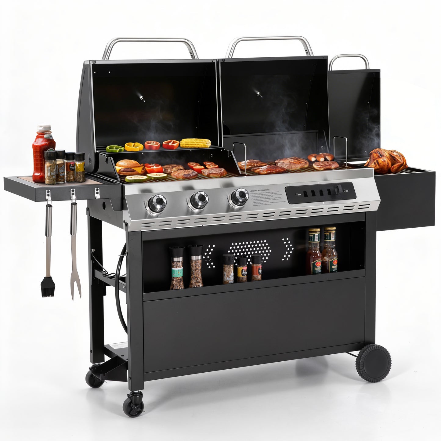 Garden GROTTO 3-in-1 Gas, Charcoal & Smoker Grill Combo, 3-Burner BBQ with Side Smoker, 840 Sq. In. Cooking Area