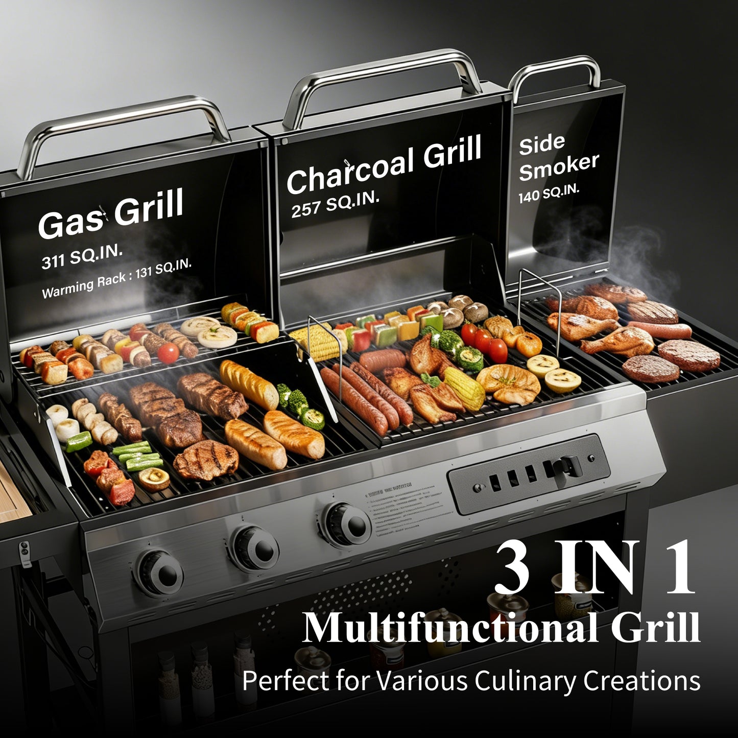 Garden GROTTO 3-in-1 Gas, Charcoal & Smoker Grill Combo, 3-Burner BBQ with Side Smoker, 840 Sq. In. Cooking Area