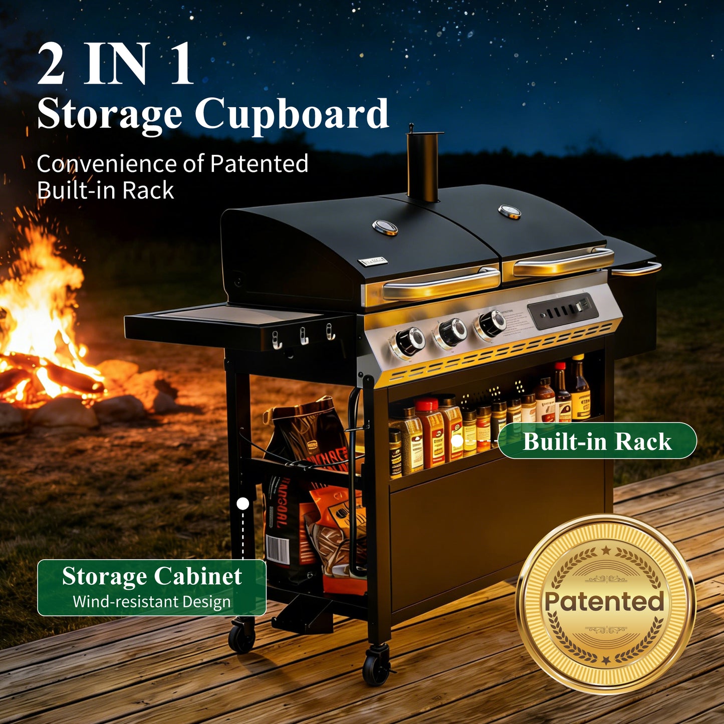 Garden GROTTO 3-in-1 Gas, Charcoal & Smoker Grill Combo, 3-Burner BBQ with Side Smoker, 840 Sq. In. Cooking Area