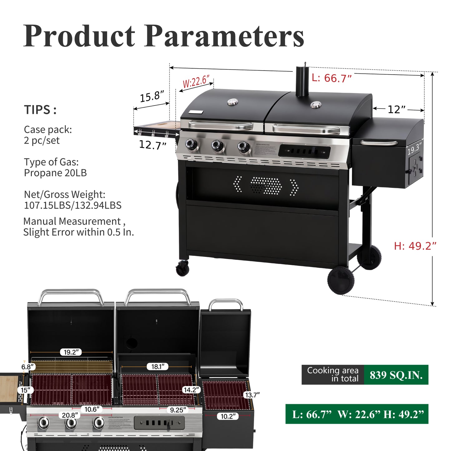 Garden GROTTO 3-in-1 Gas, Charcoal & Smoker Grill Combo, 3-Burner BBQ with Side Smoker, 840 Sq. In. Cooking Area