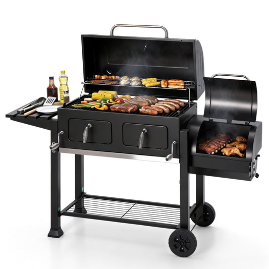 Garden Grotto 49" Charcoal Grill & Smoker Combo, 2-in-1 BBQ, 1015 Sq. In., Adjustable Trays, Thermometer & Side Table