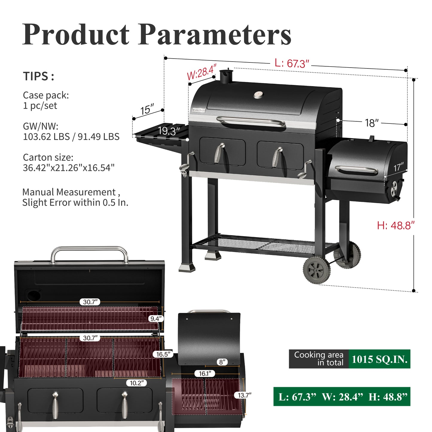 Garden Grotto 49" Charcoal Grill & Smoker Combo, 2-in-1 BBQ, 1015 Sq. In., Adjustable Trays, Thermometer & Side Table
