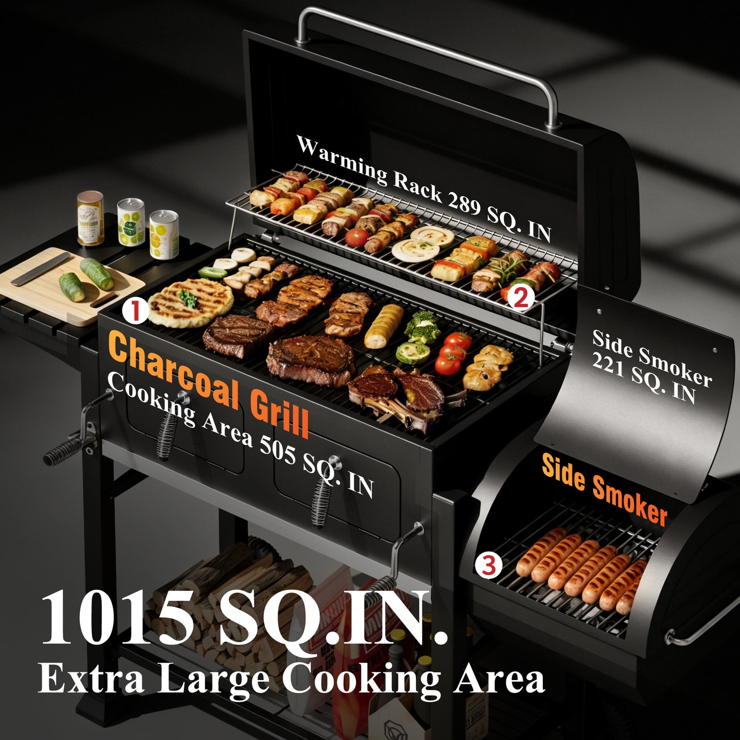 Garden Grotto 49" Charcoal Grill & Smoker Combo, 2-in-1 BBQ, 1015 Sq. In., Adjustable Trays, Thermometer & Side Table