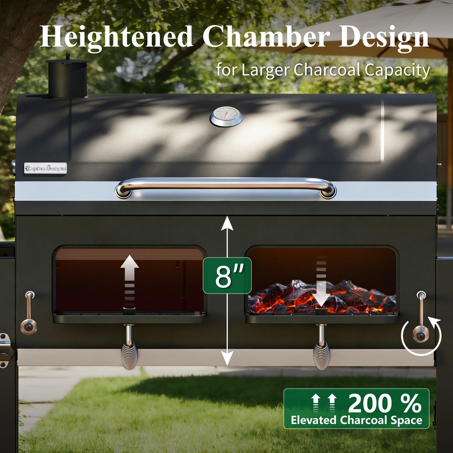 Garden Grotto 49" Charcoal Grill & Smoker Combo, 2-in-1 BBQ, 1015 Sq. In., Adjustable Trays, Thermometer & Side Table
