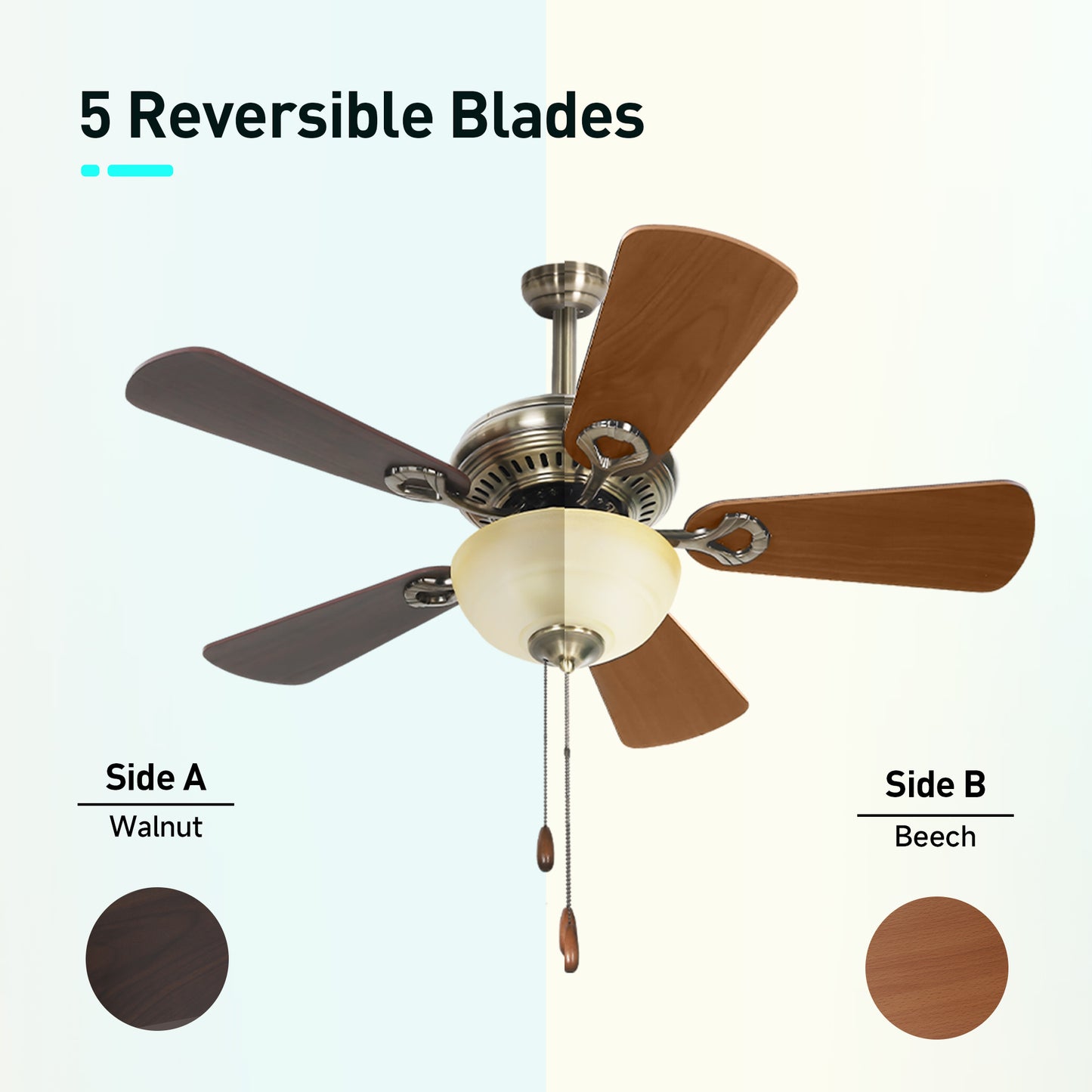 Captiva Designs 42" Ceiling Fan with Light, Low Profile Fan with Pull Chain & 5 Reversible Blades, 3-Speed DC Motor, E26 Base