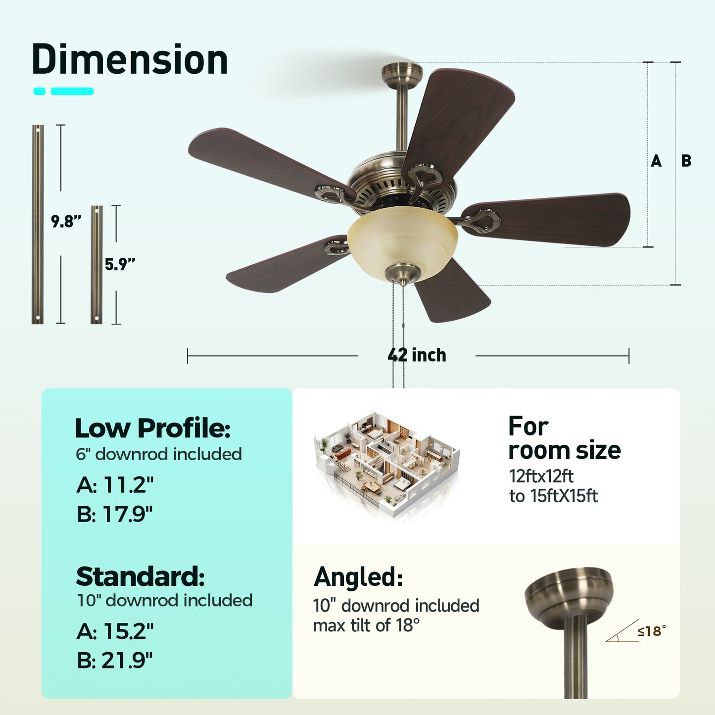 Captiva Designs 42" Ceiling Fan with Light, Low Profile Fan with Pull Chain & 5 Reversible Blades, 3-Speed DC Motor, E26 Base