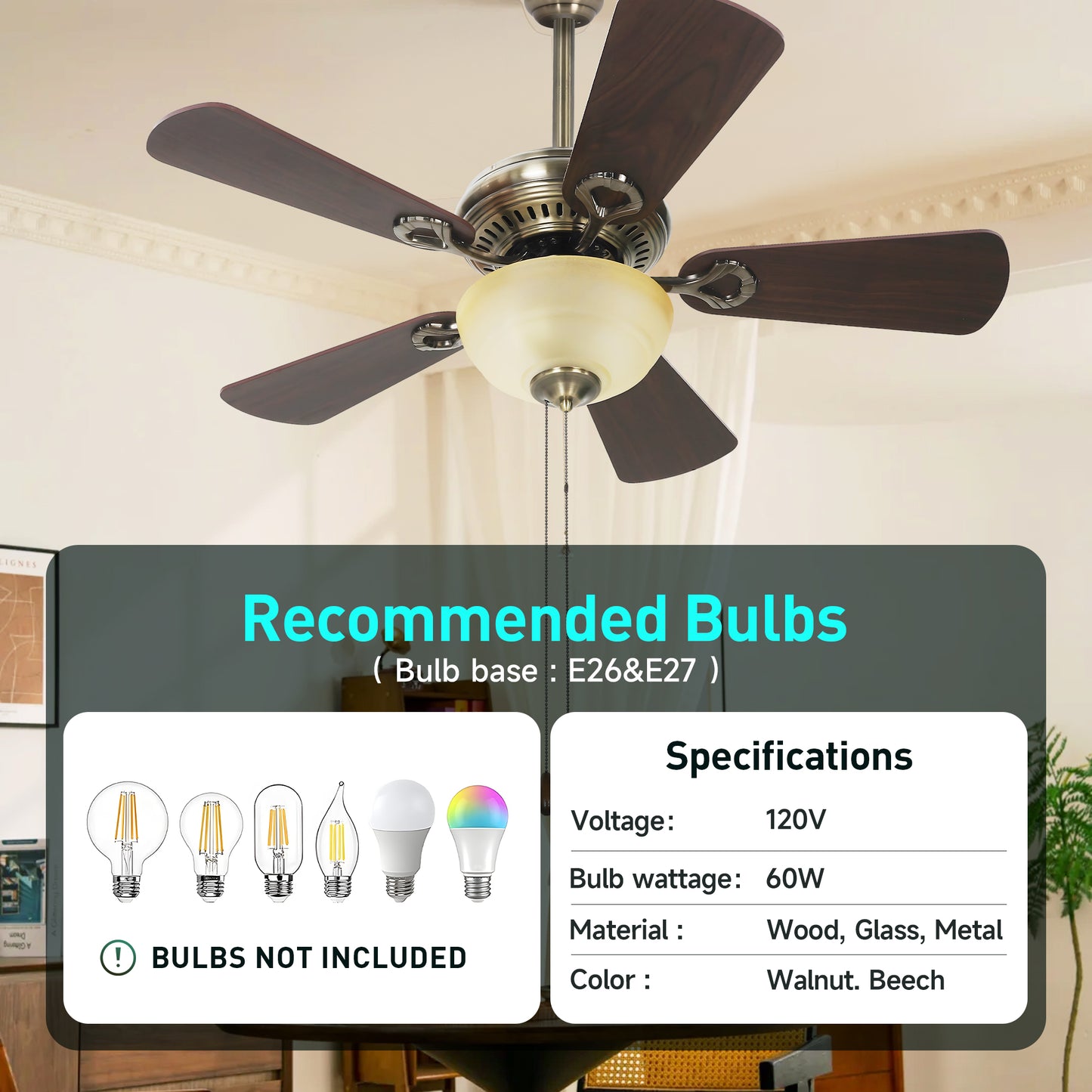 Captiva Designs 42" Ceiling Fan with Light, Low Profile Fan with Pull Chain & 5 Reversible Blades, 3-Speed DC Motor, E26 Base