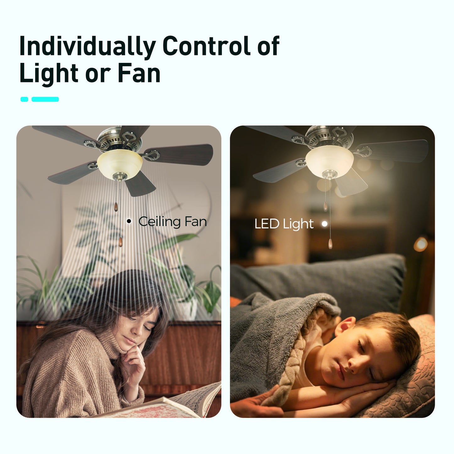 Captiva Designs 42" Ceiling Fan with Light, Low Profile Fan with Pull Chain & 5 Reversible Blades, 3-Speed DC Motor, E26 Base