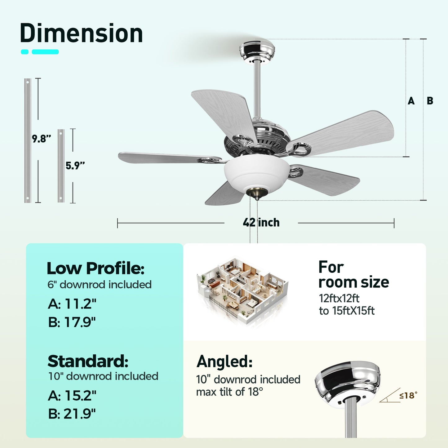 Captiva Designs 42" Ceiling Fan with Light, Low Profile Fan with Pull Chain & 5 Reversible Blades, 3-Speed DC Motor, E26 Base
