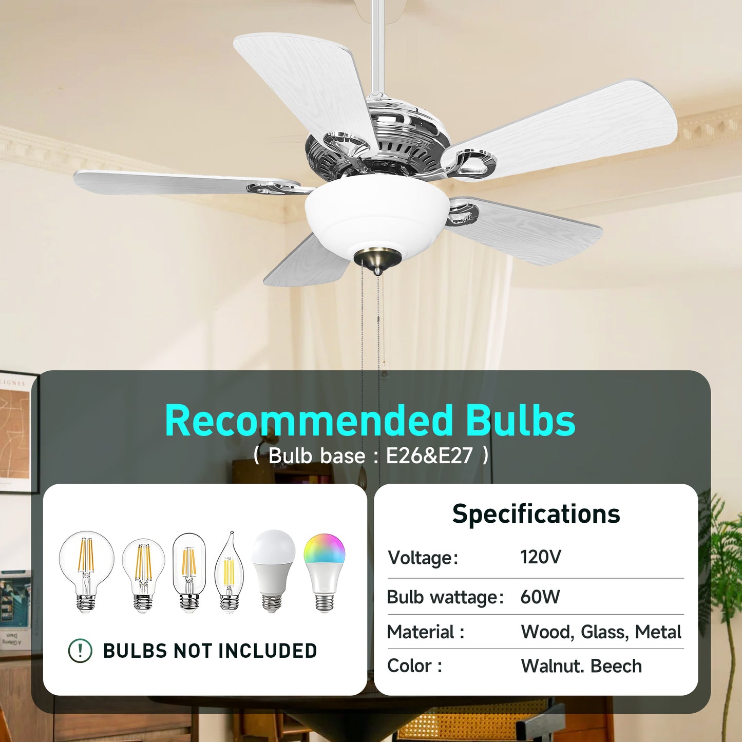 Captiva Designs 42" Ceiling Fan with Light, Low Profile Fan with Pull Chain & 5 Reversible Blades, 3-Speed DC Motor, E26 Base