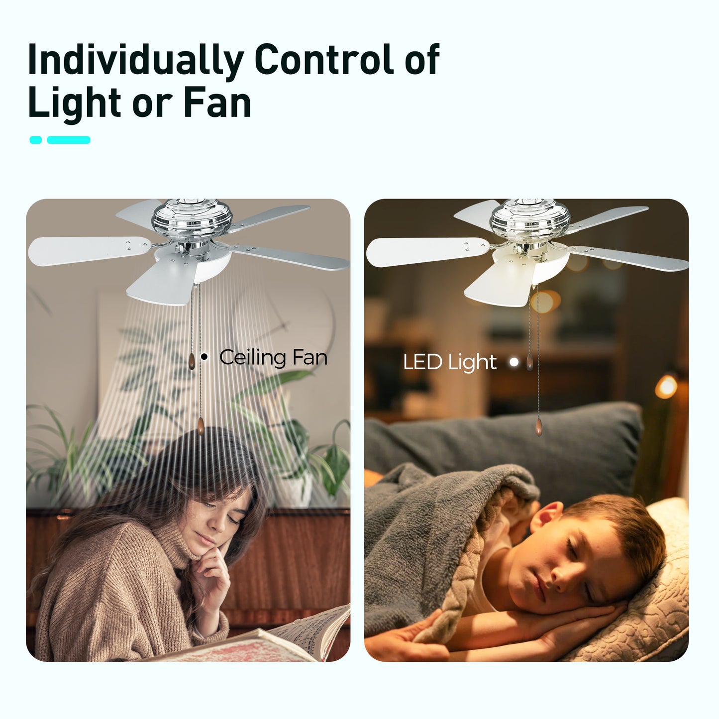 Captiva Designs 42" Ceiling Fan with Light, Low Profile Fan with Pull Chain & 5 Reversible Blades, 3-Speed DC Motor, E26 Base