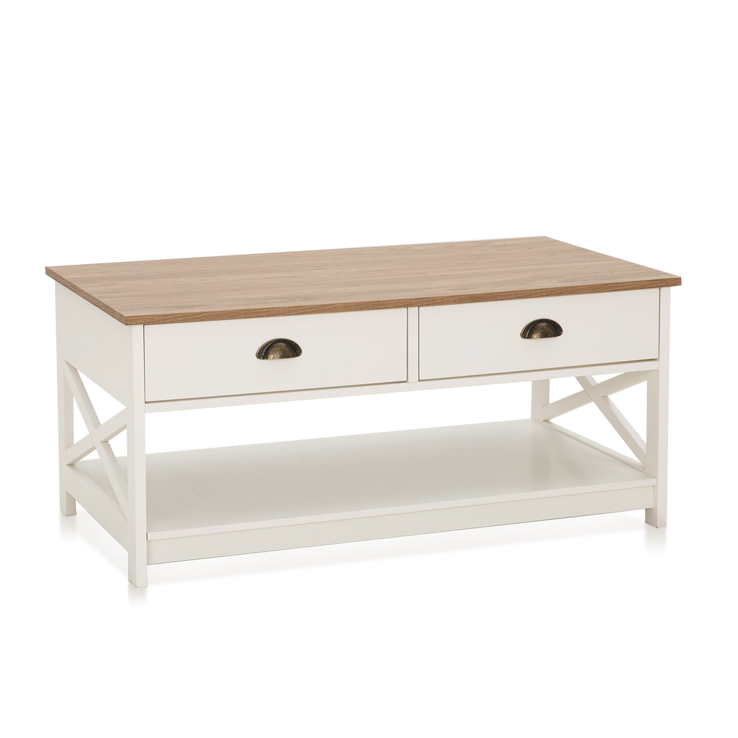 Captiva Designs Farmhouse Coffee Table with Storage Shelf for Living Room, 2-Tier Wooden Center Table with X-Shape Design, Ivory