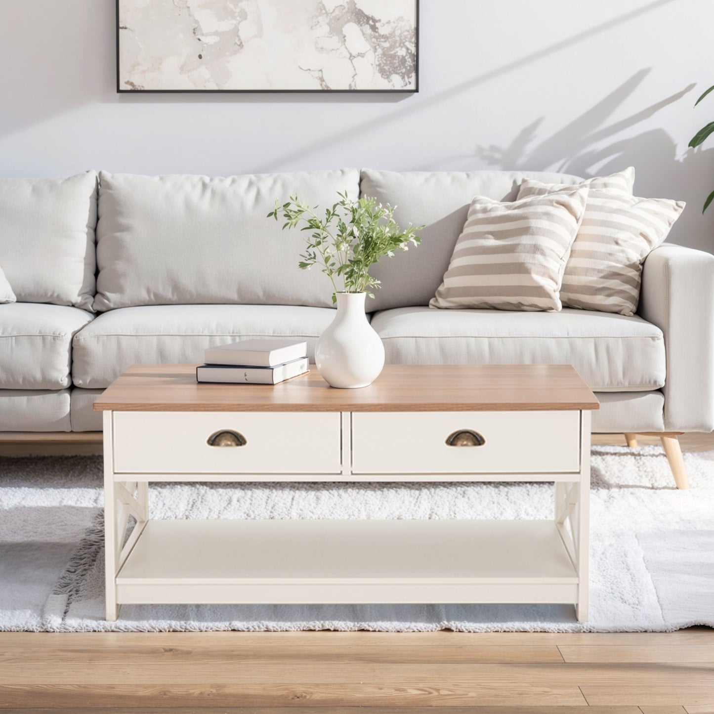 Captiva Designs Farmhouse Coffee Table with Storage Shelf for Living Room, 2-Tier Wooden Center Table with X-Shape Design, Ivory