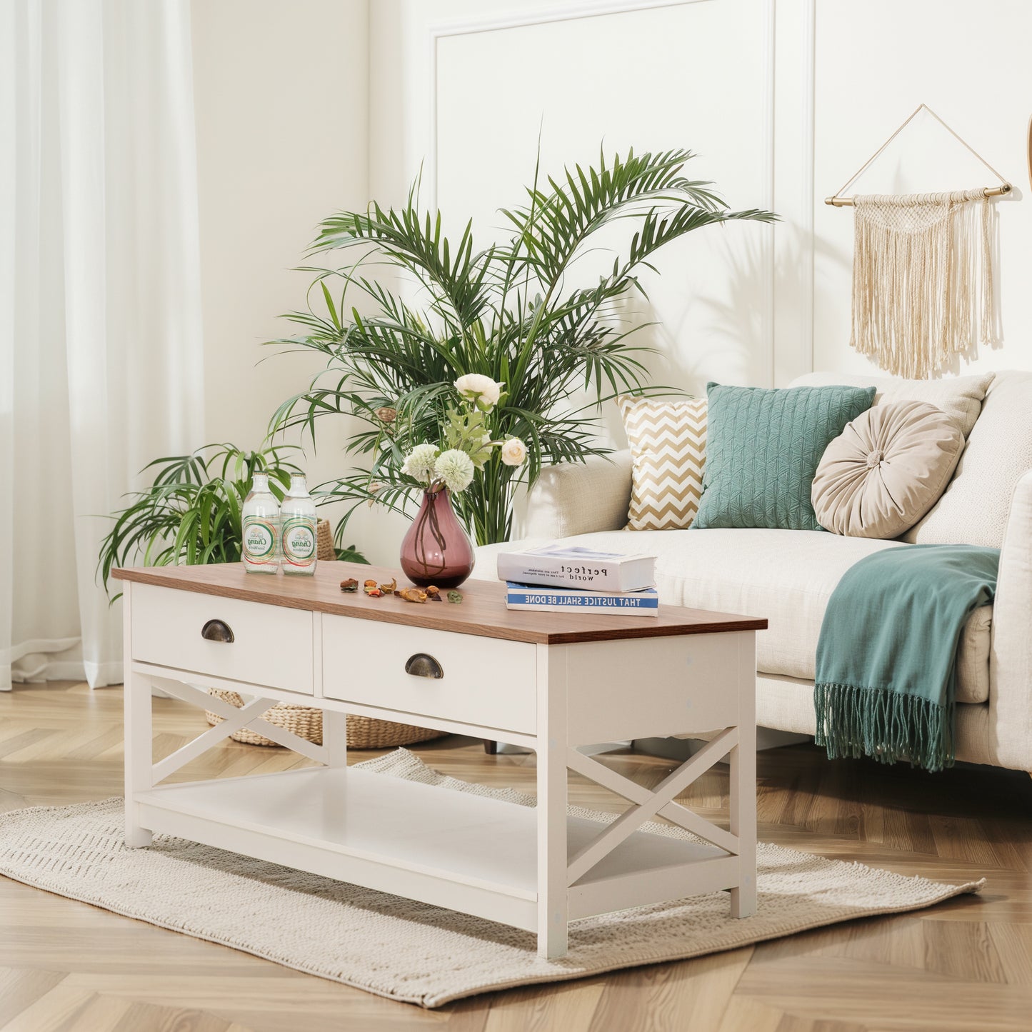 Captiva Designs Farmhouse Coffee Table with Storage Shelf for Living Room, 2-Tier Wooden Center Table with X-Shape Design, Ivory