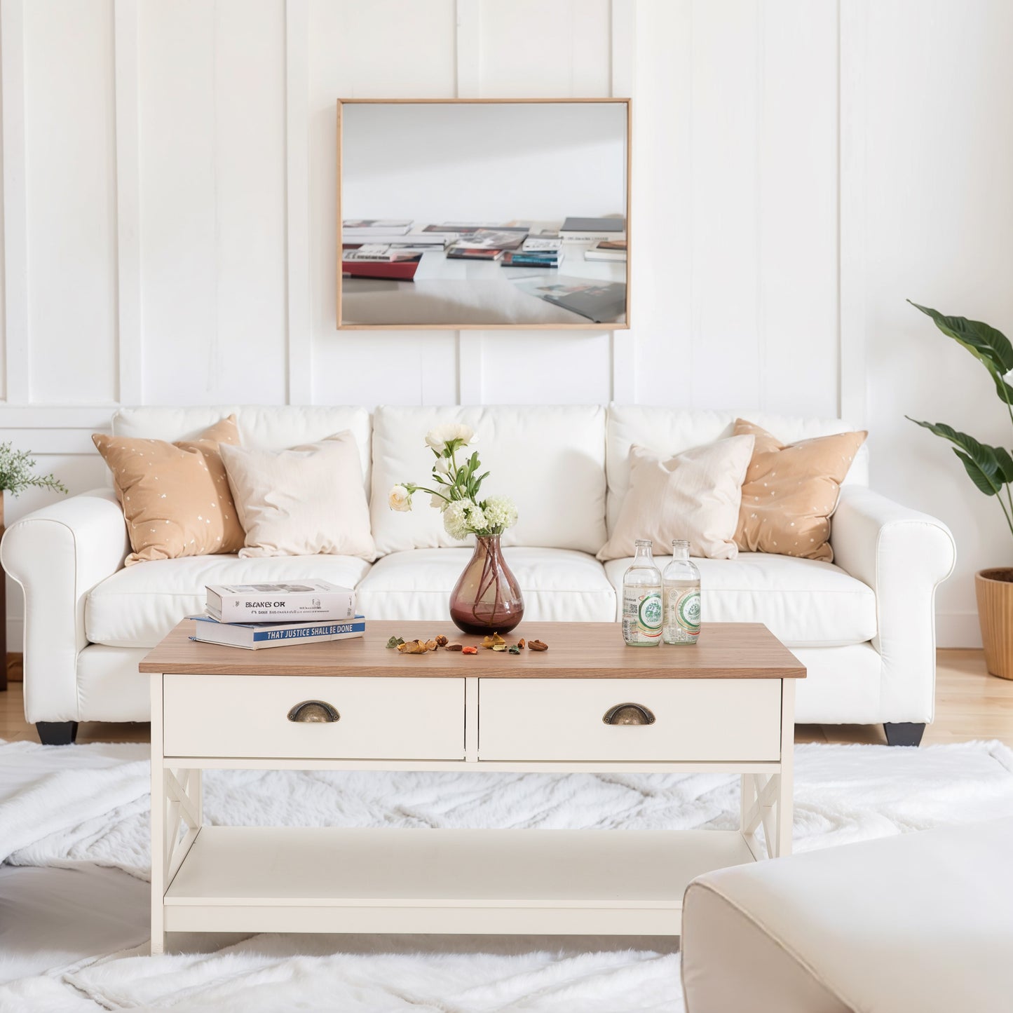 Captiva Designs Farmhouse Coffee Table with Storage Shelf for Living Room, 2-Tier Wooden Center Table with X-Shape Design, Ivory