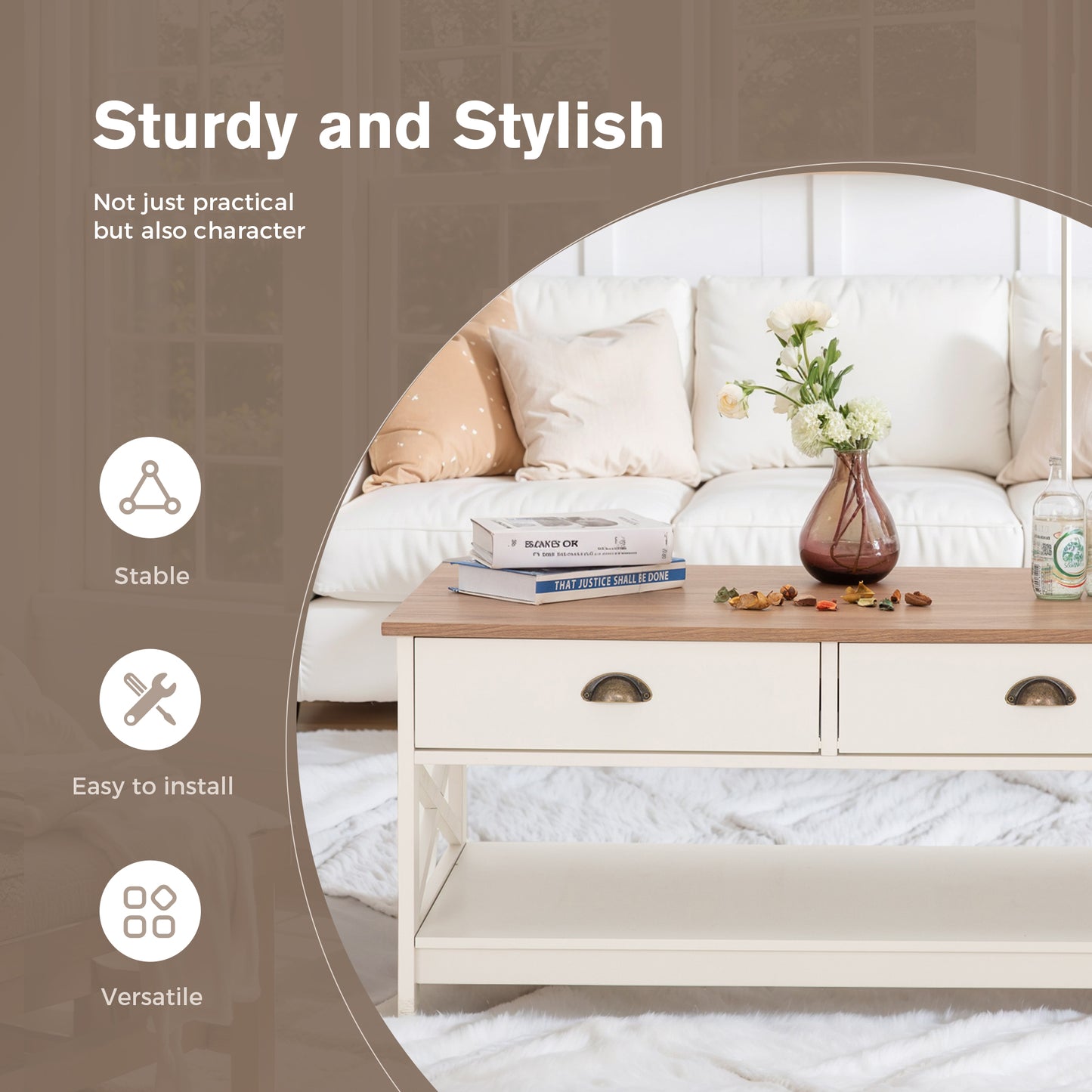 Captiva Designs Farmhouse Coffee Table with Storage Shelf for Living Room, 2-Tier Wooden Center Table with X-Shape Design, Ivory