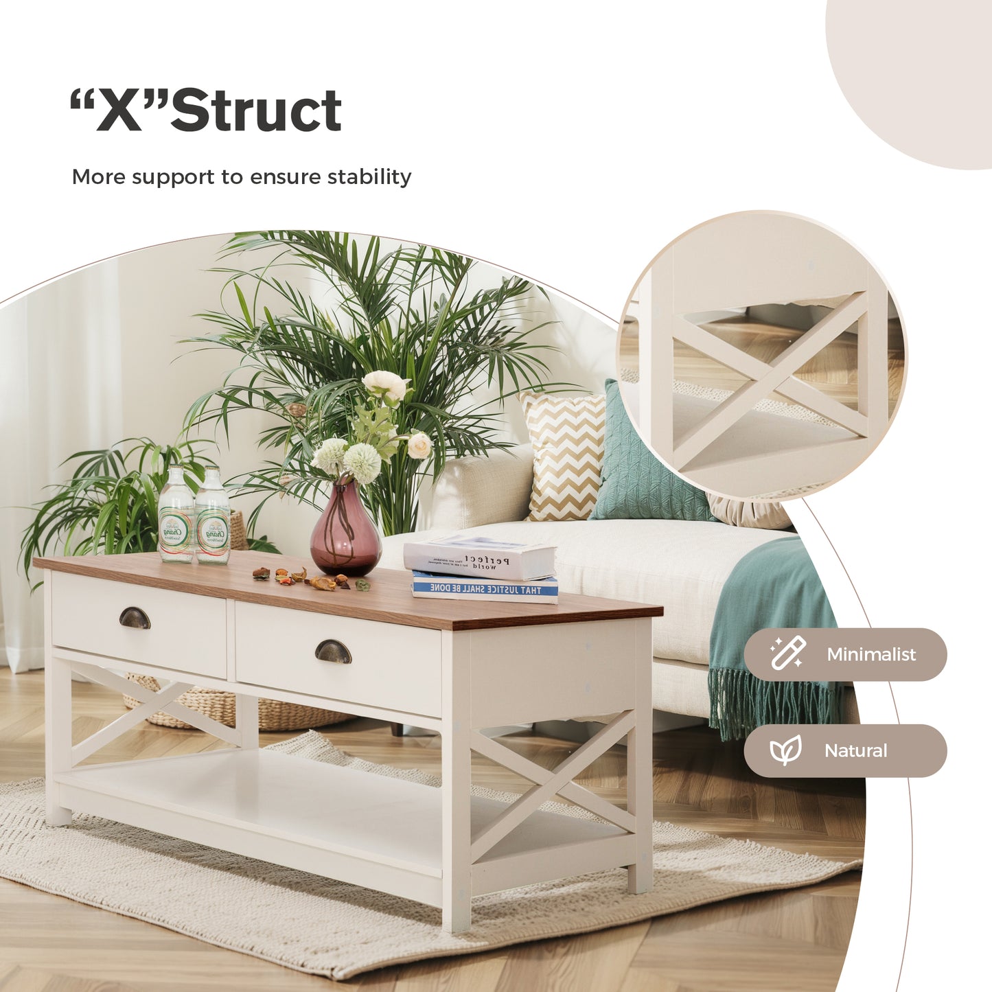 Captiva Designs Farmhouse Coffee Table with Storage Shelf for Living Room, 2-Tier Wooden Center Table with X-Shape Design, Ivory