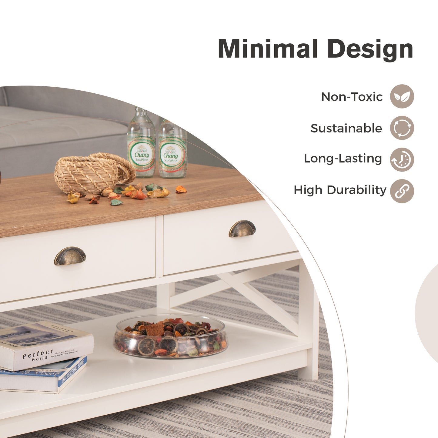 Captiva Designs Farmhouse Coffee Table with Storage Shelf for Living Room, 2-Tier Wooden Center Table with X-Shape Design, Ivory